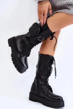 Kozaki Płaskie|Kozaki Przed Kolano>Boto Damskie Kozaki Glany Z Nerką Sznurowane Czarne Lillien