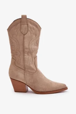 Sale Boto Damskie Kozaki Kowbojki Na Słupku Z Eko Zamszu Beżowe Wendlis