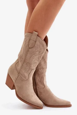 Sale Boto Damskie Kozaki Kowbojki Na Słupku Z Eko Zamszu Beżowe Wendlis
