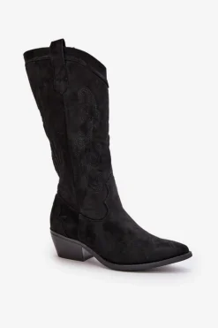 Best Damskie Kozaki Kowbojki Na Niskim Obcasie Z Eko Zamszu Czarne Ligelia Damskie Kozaki Przed Kolano|Kozaki Na Obcasie