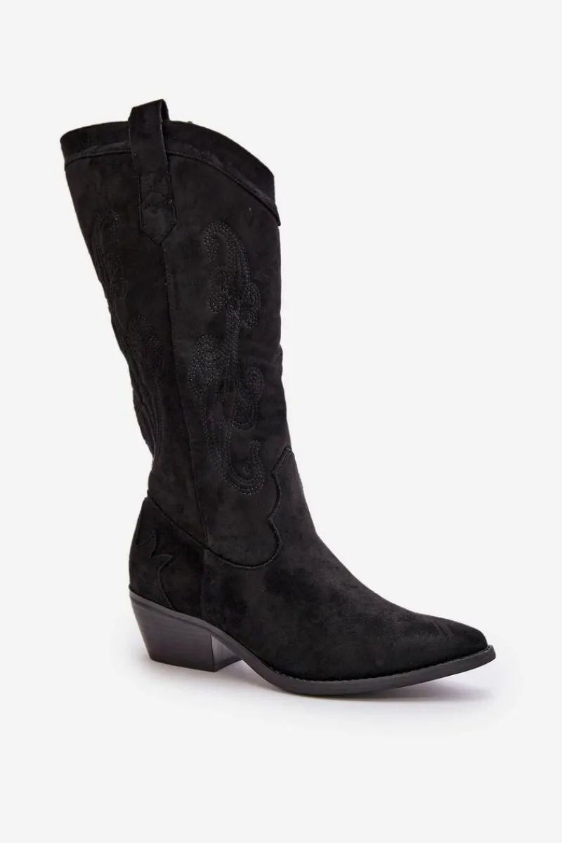 Best Damskie Kozaki Kowbojki Na Niskim Obcasie Z Eko Zamszu Czarne Ligelia Damskie Kozaki Przed Kolano|Kozaki Na Obcasie