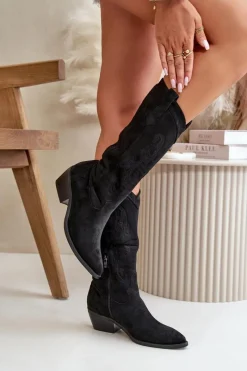 Best Damskie Kozaki Kowbojki Na Niskim Obcasie Z Eko Zamszu Czarne Ligelia Damskie Kozaki Przed Kolano|Kozaki Na Obcasie