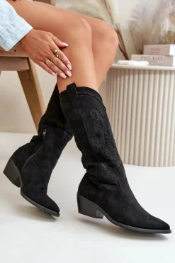Best Damskie Kozaki Kowbojki Na Niskim Obcasie Z Eko Zamszu Czarne Ligelia Damskie Kozaki Przed Kolano|Kozaki Na Obcasie