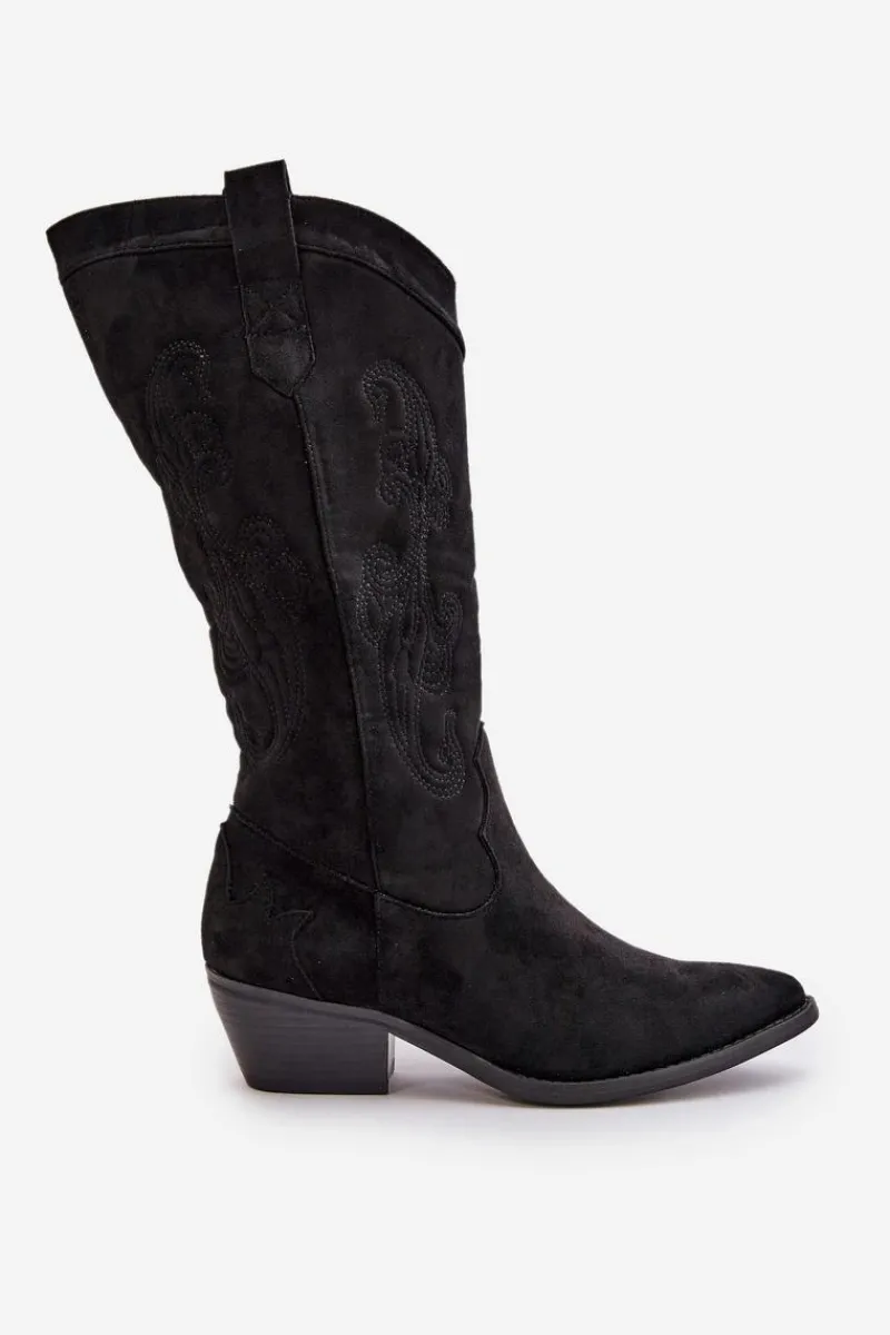 Best Damskie Kozaki Kowbojki Na Niskim Obcasie Z Eko Zamszu Czarne Ligelia Damskie Kozaki Przed Kolano|Kozaki Na Obcasie