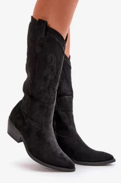 Best Damskie Kozaki Kowbojki Na Niskim Obcasie Z Eko Zamszu Czarne Ligelia Damskie Kozaki Przed Kolano|Kozaki Na Obcasie