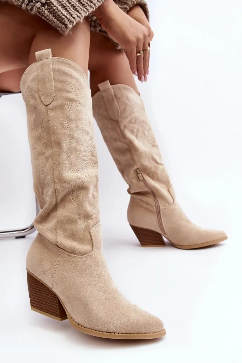 Kozaki Wiosenne|Kozaki Przed Kolano>Boto Damskie Kozaki Kowbojki Na Słupku Jasnobeżowe Sloana