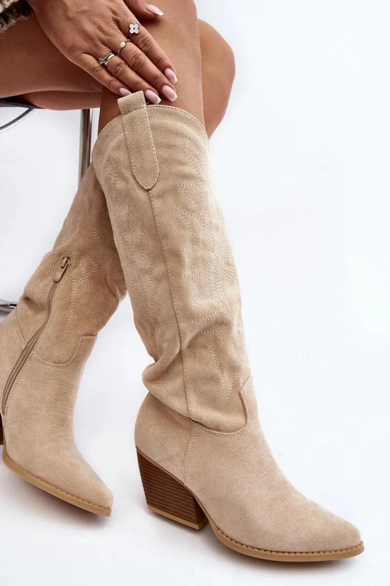 Kozaki Wiosenne|Kozaki Przed Kolano>Boto Damskie Kozaki Kowbojki Na Słupku Jasnobeżowe Sloana