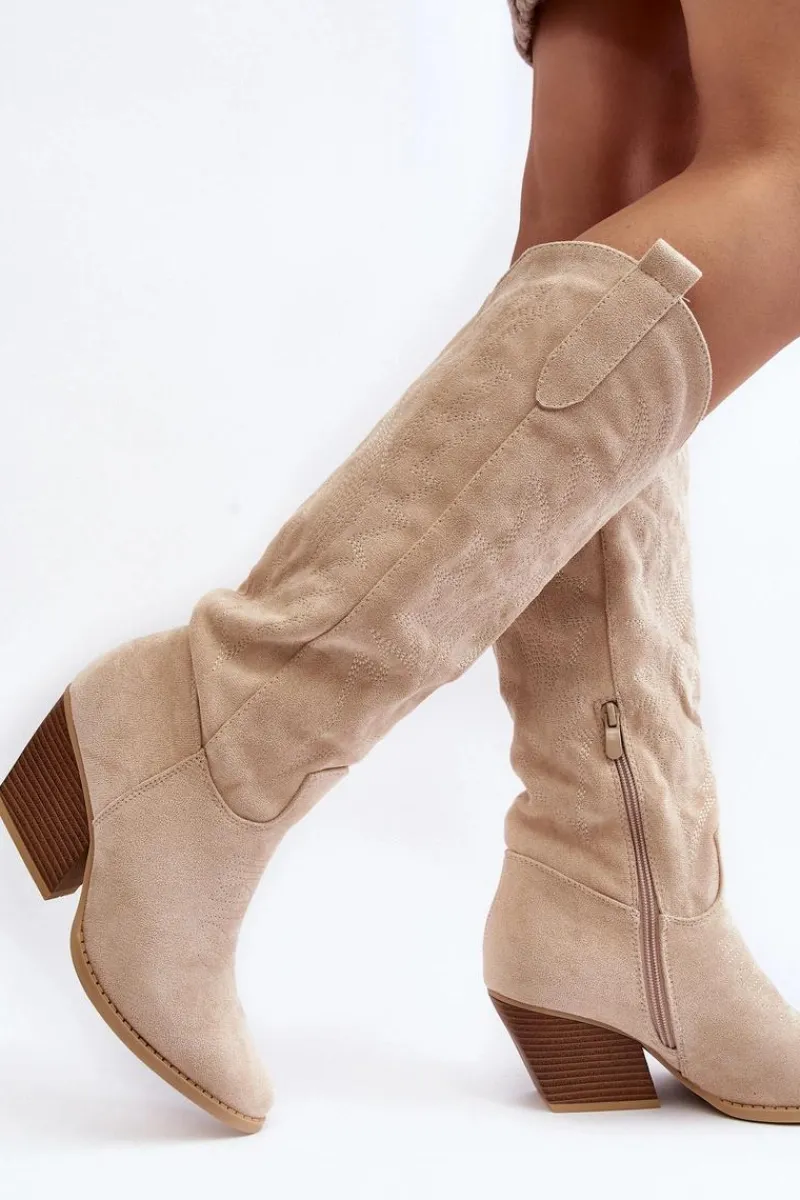 Kozaki Wiosenne|Kozaki Przed Kolano>Boto Damskie Kozaki Kowbojki Na Słupku Jasnobeżowe Sloana