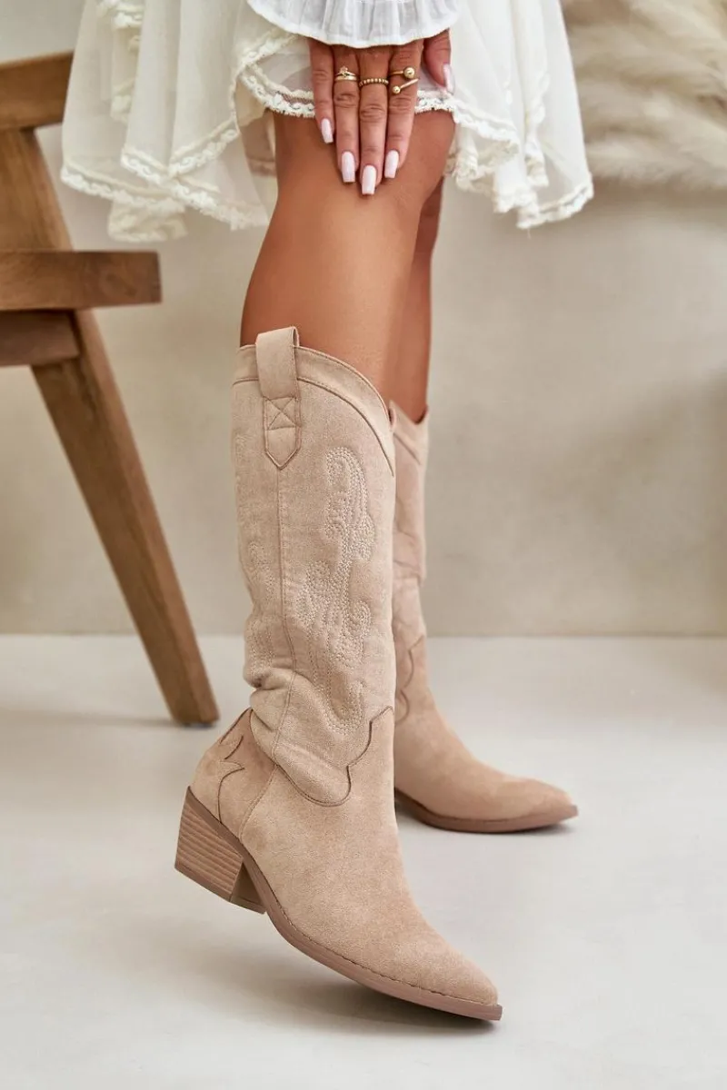 Online Boto Damskie Kozaki Kowbojki Na Niskim Obcasie Z Eko Zamszu Beżowe Ligelia