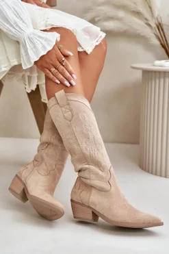 Online Boto Damskie Kozaki Kowbojki Na Niskim Obcasie Z Eko Zamszu Beżowe Ligelia