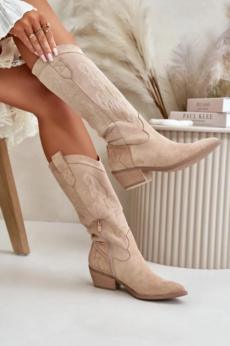 Online Boto Damskie Kozaki Kowbojki Na Niskim Obcasie Z Eko Zamszu Beżowe Ligelia