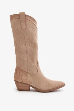 Online Boto Damskie Kozaki Kowbojki Na Niskim Obcasie Z Eko Zamszu Beżowe Ligelia