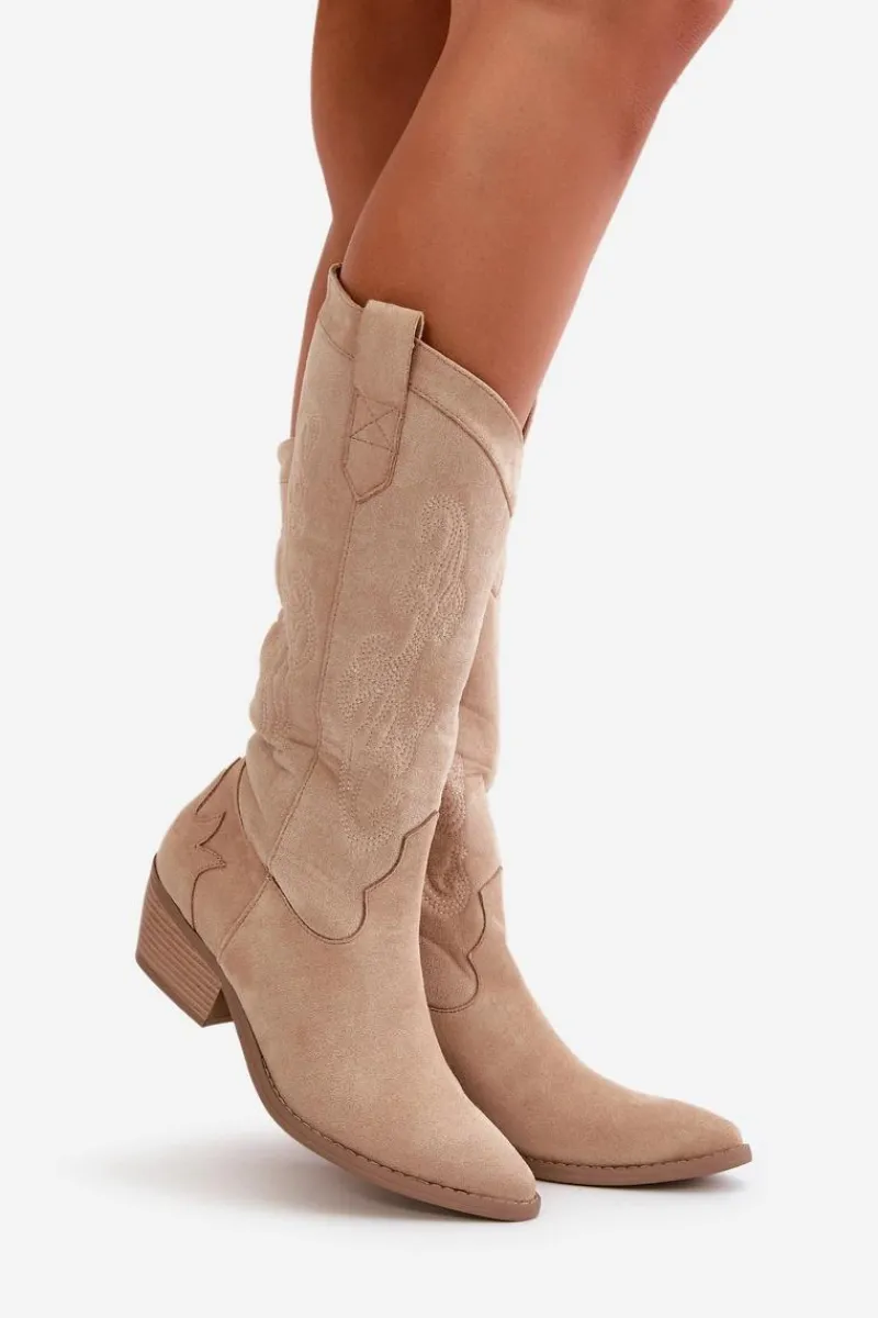 Online Boto Damskie Kozaki Kowbojki Na Niskim Obcasie Z Eko Zamszu Beżowe Ligelia