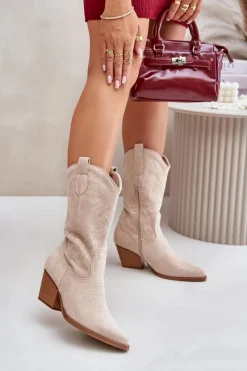 Kozaki Na Obcasie|Kozaki Zamszowe>Boto Damskie Kozaki Kowbojki Na Słupku Z Eko Zamszu Jasnobeżowe Wendlis