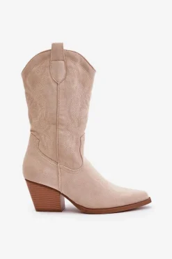 Kozaki Na Obcasie|Kozaki Zamszowe></noscript>Boto Damskie Kozaki Kowbojki Na Słupku Z Eko Zamszu Jasnobeżowe Wendlis