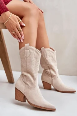 Kozaki Na Obcasie|Kozaki Zamszowe></noscript>Boto Damskie Kozaki Kowbojki Na Słupku Z Eko Zamszu Jasnobeżowe Wendlis