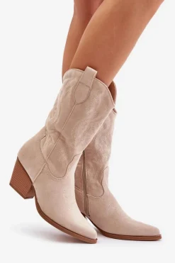 Kozaki Na Obcasie|Kozaki Zamszowe></noscript>Boto Damskie Kozaki Kowbojki Na Słupku Z Eko Zamszu Jasnobeżowe Wendlis