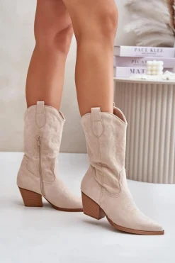 Kozaki Na Obcasie|Kozaki Zamszowe></noscript>Boto Damskie Kozaki Kowbojki Na Słupku Z Eko Zamszu Jasnobeżowe Wendlis