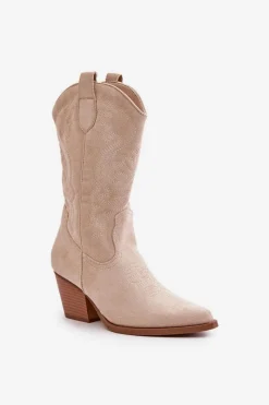 Kozaki Na Obcasie|Kozaki Zamszowe></noscript>Boto Damskie Kozaki Kowbojki Na Słupku Z Eko Zamszu Jasnobeżowe Wendlis