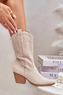 Kozaki Na Obcasie|Kozaki Zamszowe></noscript>Boto Damskie Kozaki Kowbojki Na Słupku Z Eko Zamszu Jasnobeżowe Wendlis