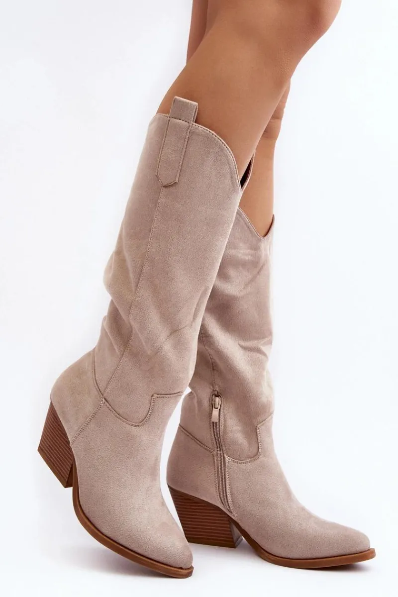 Best Boto Damskie Kozaki Kowbojki Na Obcasie Przed Kolano Jasnobeżowe Oppore