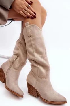 Best Boto Damskie Kozaki Kowbojki Na Obcasie Przed Kolano Jasnobeżowe Oppore