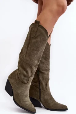 Outlet Damskie Kozaki Kowbojki Na Słupku Zielone Sloana Damskie Kozaki Wiosenne|Kozaki Przed Kolano