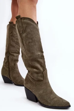 Outlet Damskie Kozaki Kowbojki Na Słupku Zielone Sloana Damskie Kozaki Wiosenne|Kozaki Przed Kolano