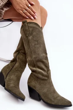Outlet Damskie Kozaki Kowbojki Na Słupku Zielone Sloana Damskie Kozaki Wiosenne|Kozaki Przed Kolano
