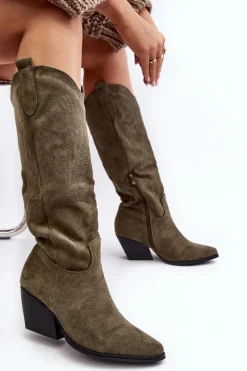 Outlet Damskie Kozaki Kowbojki Na Słupku Zielone Sloana Damskie Kozaki Wiosenne|Kozaki Przed Kolano