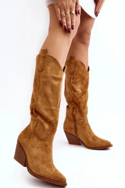 Discount Boto Damskie Kozaki Kowbojki Na Obcasie Przed Kolano Camel Oppore