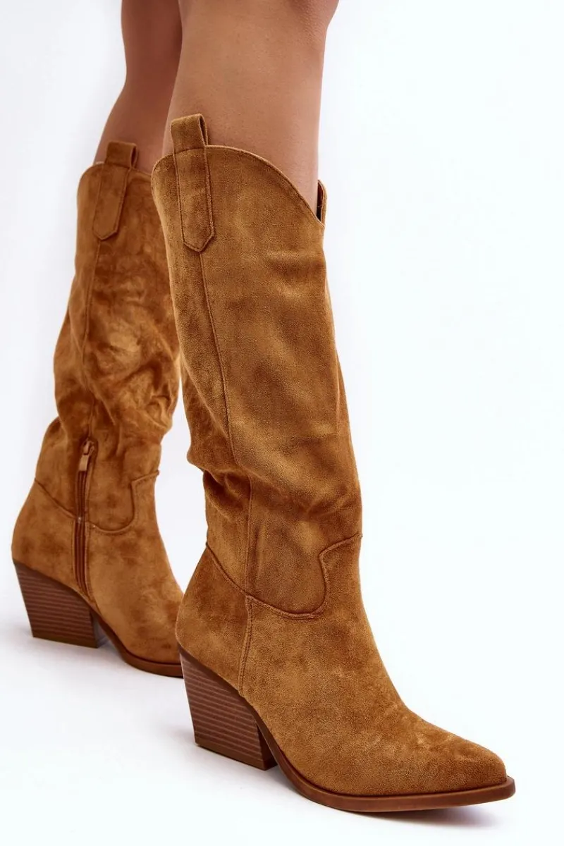 Discount Boto Damskie Kozaki Kowbojki Na Obcasie Przed Kolano Camel Oppore