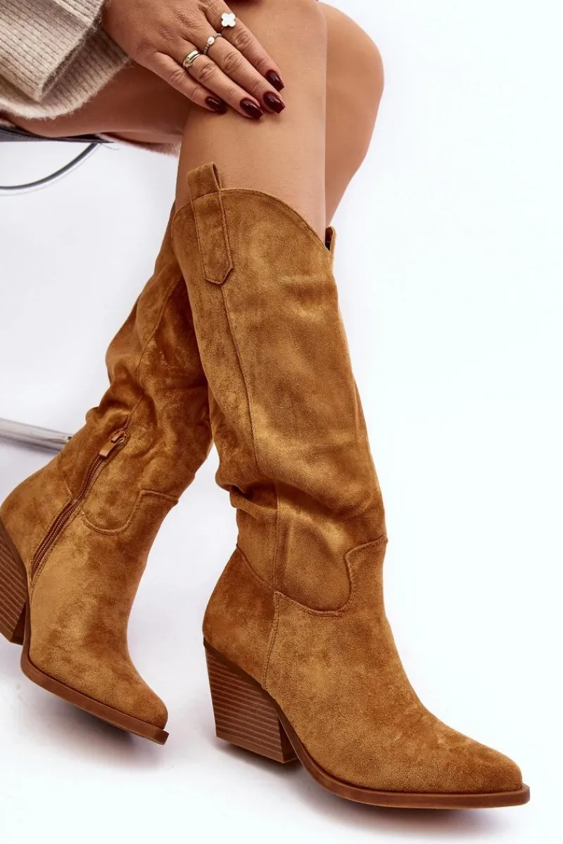 Discount Boto Damskie Kozaki Kowbojki Na Obcasie Przed Kolano Camel Oppore