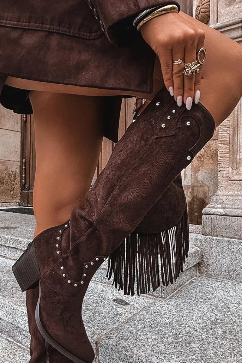 Kozaki Na Słupku|Kozaki Na Obcasie>Boto Damskie Kozaki Kowbojki Ze Zdobieniem Na Słupku Czekoladowe Darella Brązowy