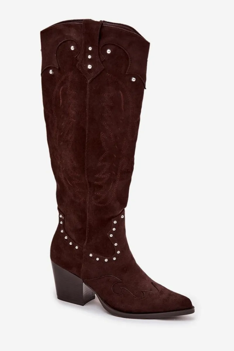 Kozaki Na Słupku|Kozaki Na Obcasie>Boto Damskie Kozaki Kowbojki Ze Zdobieniem Na Słupku Czekoladowe Darella Brązowy