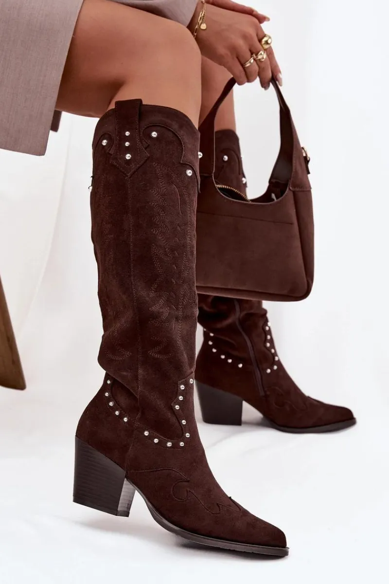 Kozaki Na Słupku|Kozaki Na Obcasie>Boto Damskie Kozaki Kowbojki Ze Zdobieniem Na Słupku Czekoladowe Darella Brązowy