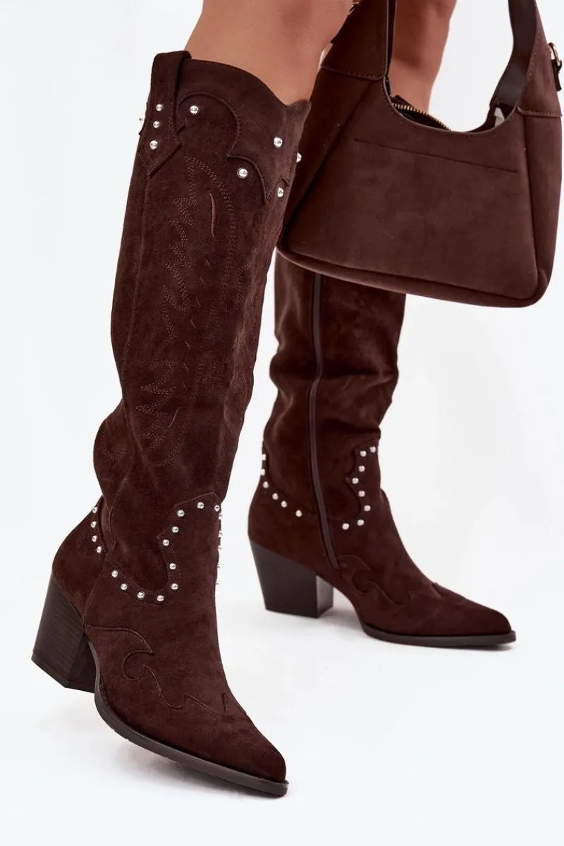 Kozaki Na Słupku|Kozaki Na Obcasie>Boto Damskie Kozaki Kowbojki Ze Zdobieniem Na Słupku Czekoladowe Darella Brązowy