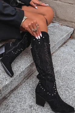 Outlet Boto Damskie Kozaki Kowbojki Ze Zdobieniem Na Słupku Czarne Darella Czarny