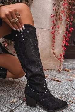 Outlet Boto Damskie Kozaki Kowbojki Ze Zdobieniem Na Słupku Czarne Darella Czarny