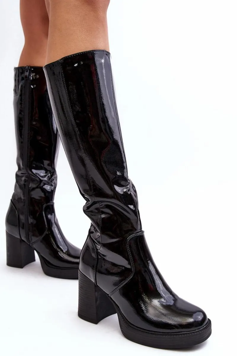 Kozaki Przed Kolano|Kozaki Na Obcasie>Boto Damskie Kozaki Lakierowane Na Słupku Czarne Efatina