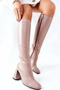 Online Damskie buty S.Barski Damskie Kozaki Lakierowane Beżowe Meteris