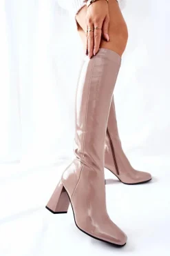 Online Damskie buty S.Barski Damskie Kozaki Lakierowane Beżowe Meteris