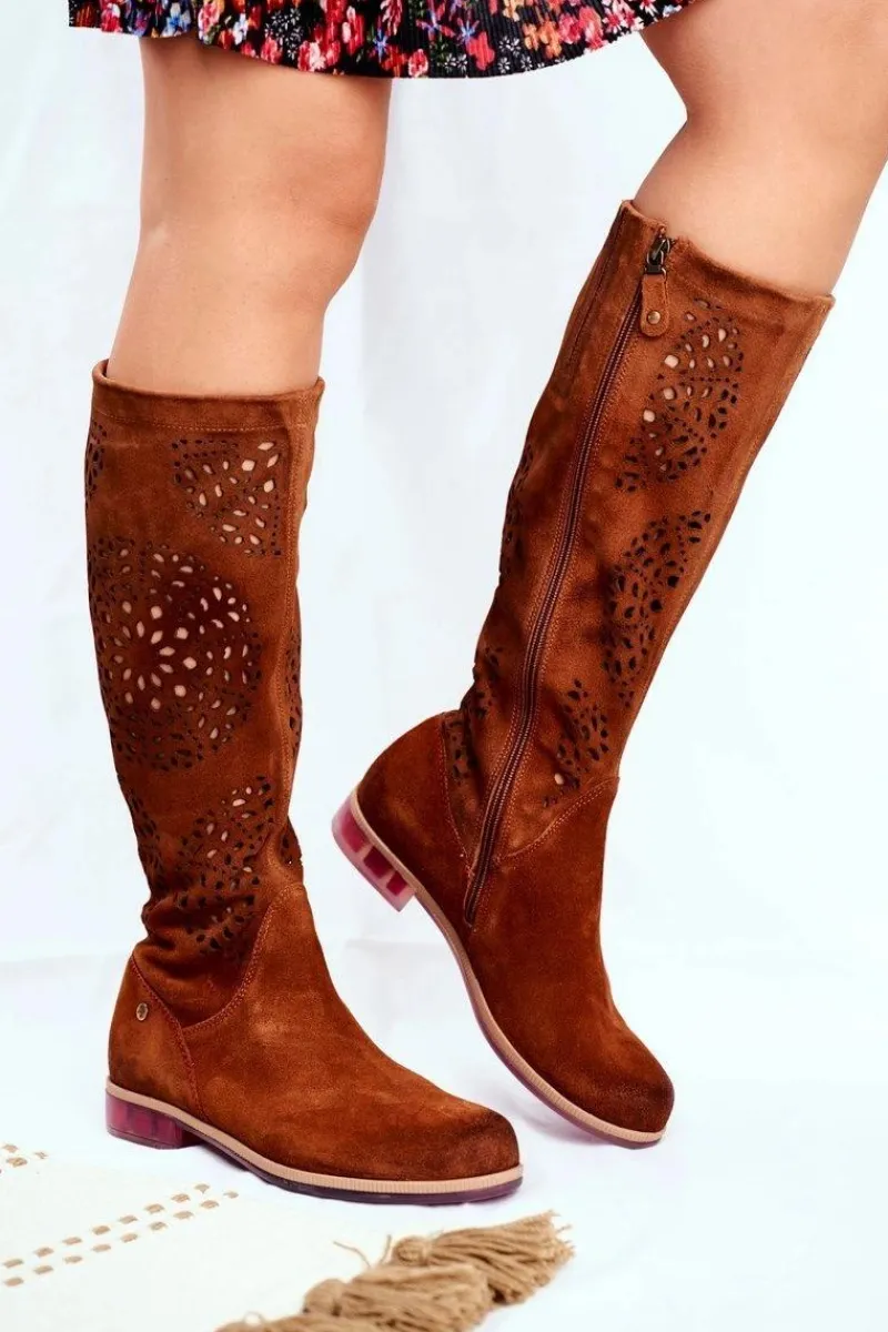 Damskie Kozaki Skórzane Ażurowe Camel 04525-29 Damskie Kozaki Wiosenne|Kozaki Ażurowe