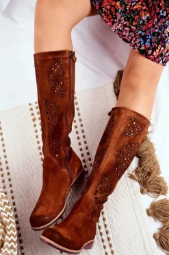 Damskie Kozaki Skórzane Ażurowe Camel 04525-29 Damskie Kozaki Wiosenne|Kozaki Ażurowe