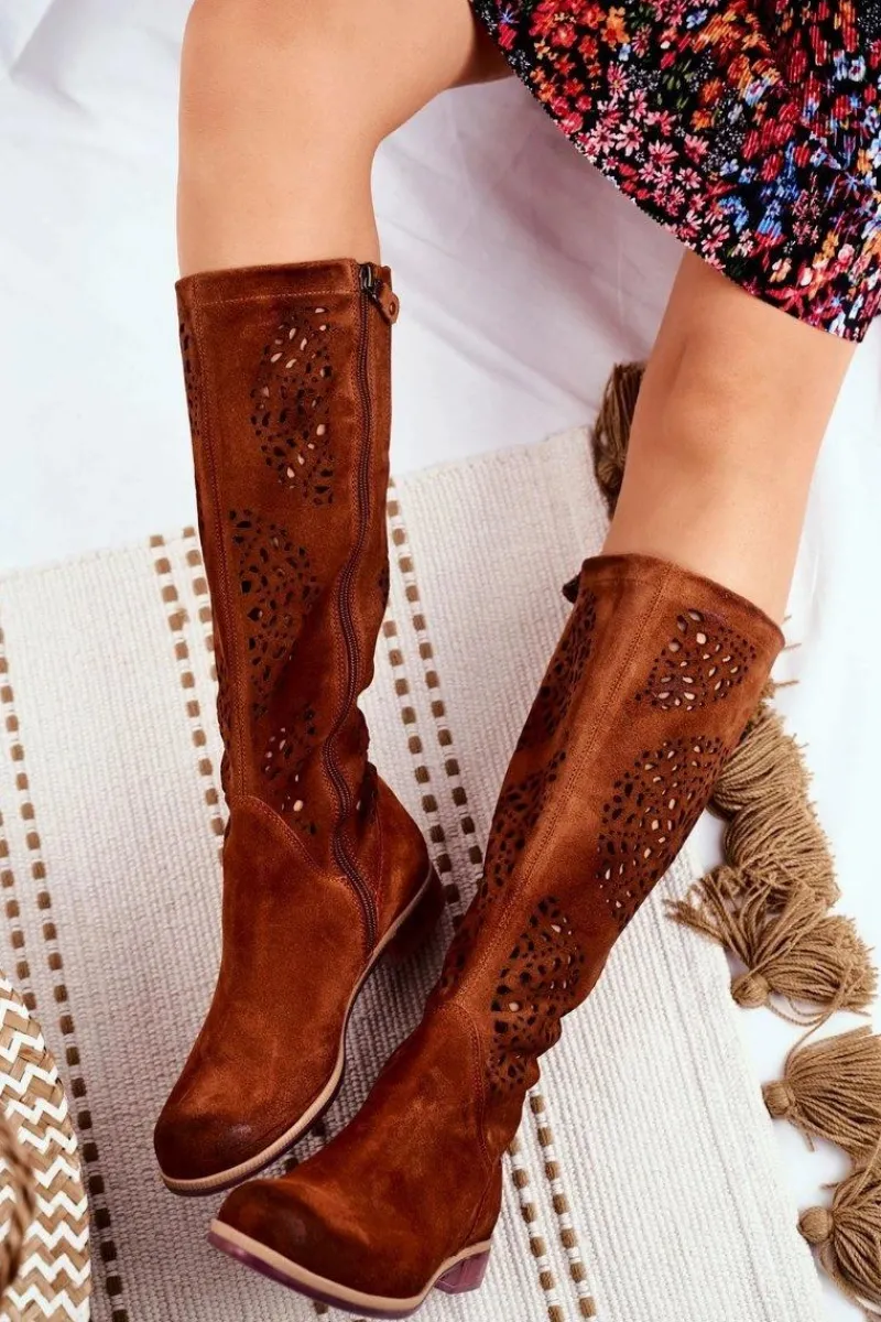 Damskie Kozaki Skórzane Ażurowe Camel 04525-29 Damskie Kozaki Wiosenne|Kozaki Ażurowe