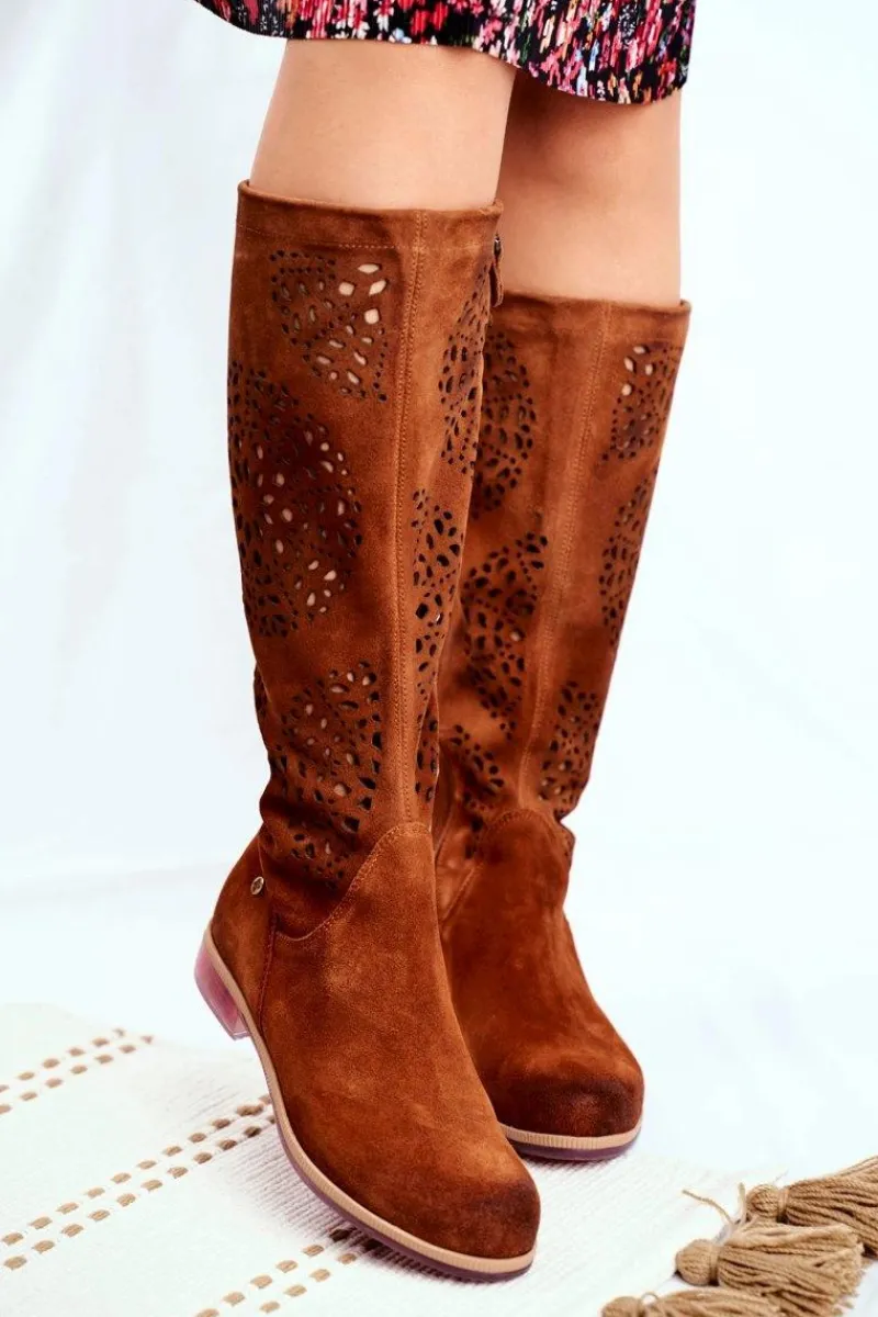 Damskie Kozaki Skórzane Ażurowe Camel 04525-29 Damskie Kozaki Wiosenne|Kozaki Ażurowe