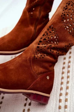 Damskie Kozaki Skórzane Ażurowe Camel 04525-29 Damskie Kozaki Wiosenne|Kozaki Ażurowe