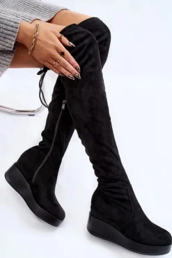 Outlet Damskie Kozaki Muszkieterki Na Koturnie Czarne Elori Damskie Muszkieterki|Kozaki Wiosenne