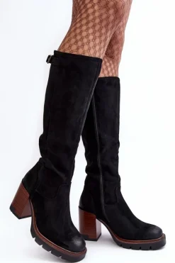 Damskie Kozaki Na Masywnym Słupku Ocieplane Czarne Alzeta Damskie Kozaki Na Obcasie|Kozaki Zamszowe