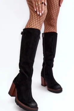 Damskie Kozaki Na Masywnym Słupku Ocieplane Czarne Alzeta Damskie Kozaki Na Obcasie|Kozaki Zamszowe